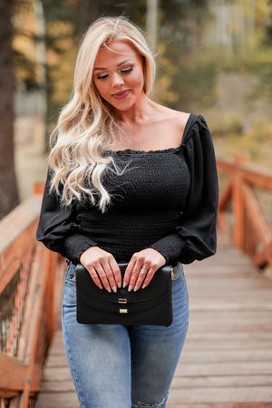 CBRAND Sweet Dreams Are Made of This Top - Black closet candy women's trendy off the shoulder smocked long sleeve top front 4