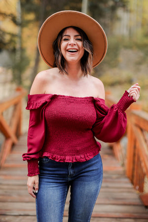 CBRAND Sweet Dreams Are Made of This Top - Wine closet candy women's trendy off the shoulder smocked long sleeve top front 3