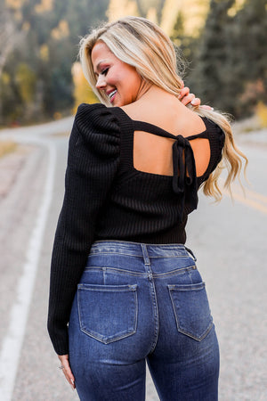 CBRAND Sew in Love Sweater - Black closet candy womens trendy exclusive puff shoulder tie back ribbed knit sweater back