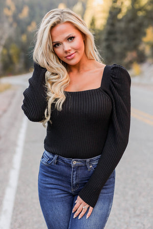 CBRAND Sew in Love Sweater - Black closet candy womens trendy exclusive puff shoulder tie back ribbed knit sweater front