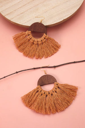 Boho Soul Tassel Fringe Earrings - Carmel closet candy women's trendy wood circle fringe tassel hook closure handmade tassel earrings 